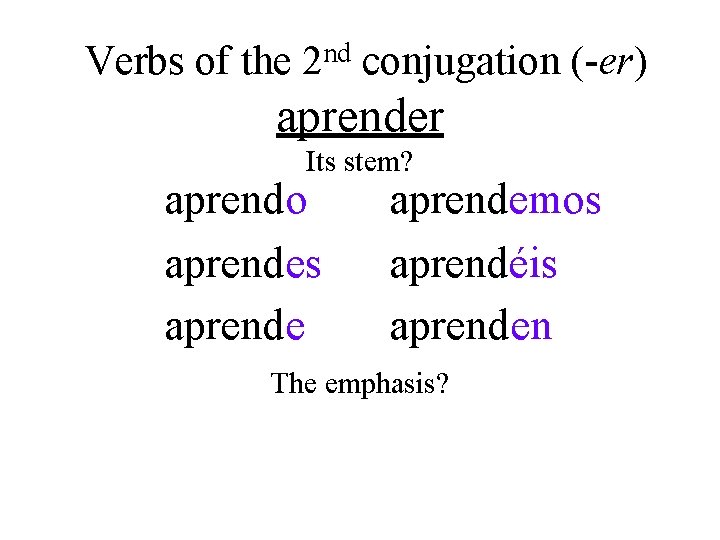 Verbs of the 2 nd conjugation (-er) aprender Its stem? aprendo aprendes aprendemos aprendéis