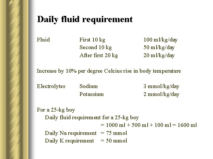 Daily fluid requirement Fluid First 10 kg Second 10 kg After first 20 kg