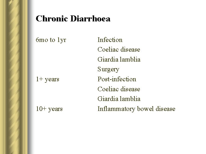Chronic Diarrhoea 6 mo to 1 yr 1+ years 10+ years Infection Coeliac disease