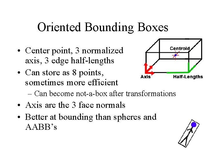 Oriented Bounding Boxes • Center point, 3 normalized axis, 3 edge half-lengths • Can