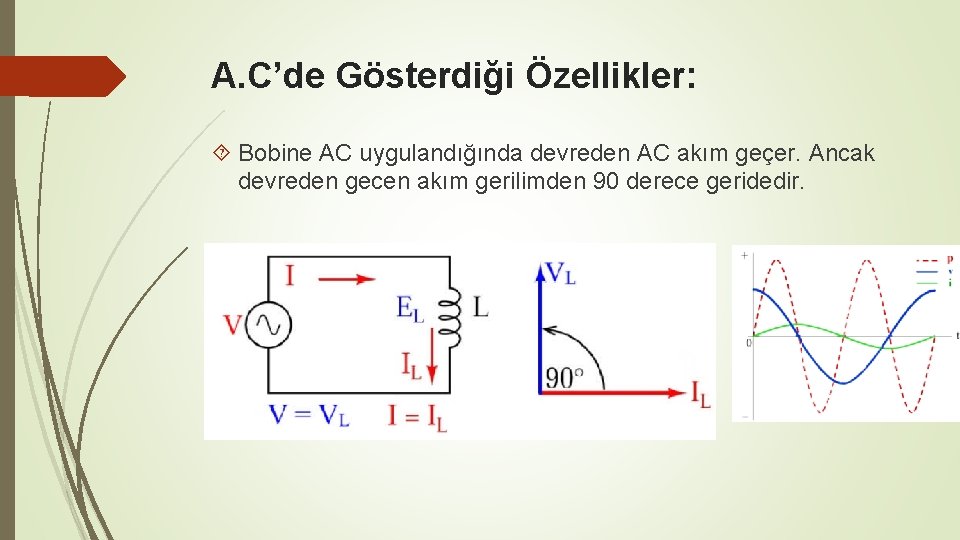 A. C’de Gösterdiği Özellikler: Bobine AC uygulandığında devreden AC akım geçer. Ancak devreden gecen