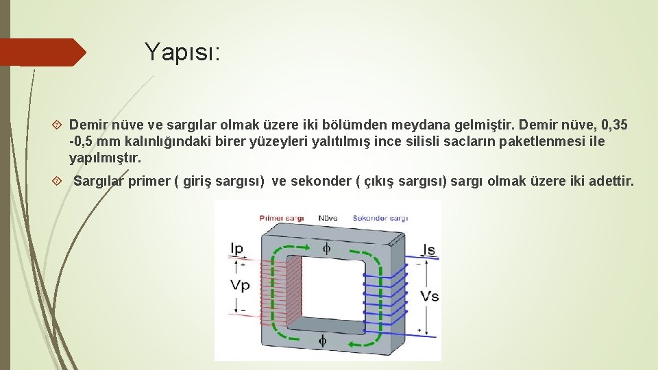 Yapısı: Demir nüve ve sargılar olmak üzere iki bölümden meydana gelmiştir. Demir nüve, 0,