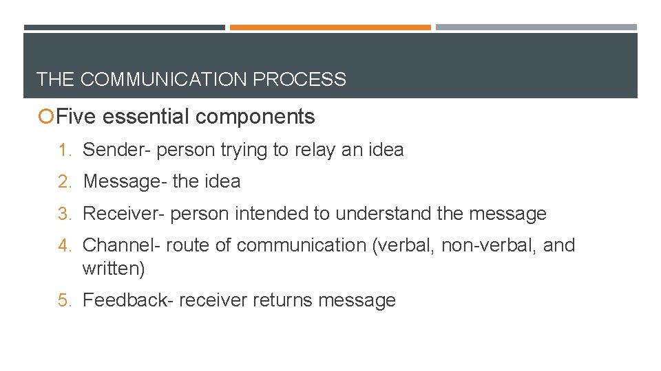 THE COMMUNICATION PROCESS Five essential components 1. Sender- person trying to relay an idea