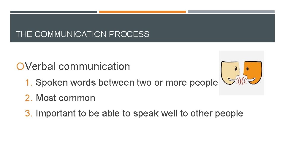 THE COMMUNICATION PROCESS Verbal communication 1. Spoken words between two or more people 2.
