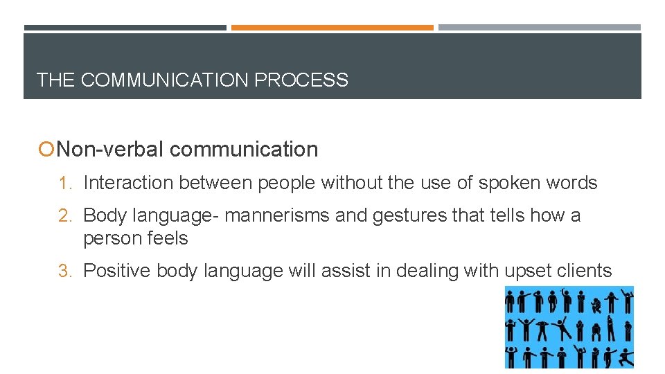 THE COMMUNICATION PROCESS Non-verbal communication 1. Interaction between people without the use of spoken
