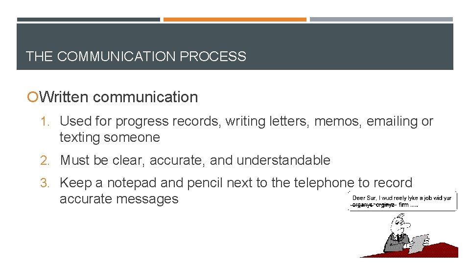 THE COMMUNICATION PROCESS Written communication 1. Used for progress records, writing letters, memos, emailing