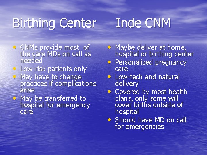 Birthing Center • CNMs provide most of • • • the care MDs on