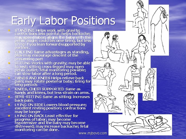  • • Early Labor Positions STANDING Helps work with gravity; contractions less painful;