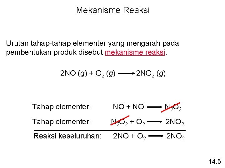 Mekanisme Reaksi Urutan tahap-tahap elementer yang mengarah pada pembentukan produk disebut mekanisme reaksi. 2