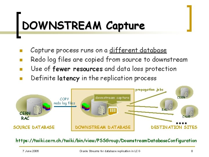 DOWNSTREAM Capture n n Capture process runs on a different database Redo log files