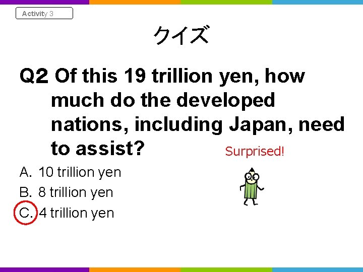 Activity 3 クイズ Q２ Of this 19 trillion yen, how much do the developed