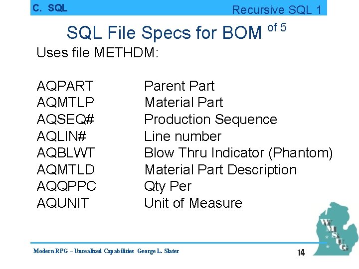 C. SQL Recursive SQL 1 of 5 SQL File Specs for BOM Uses file