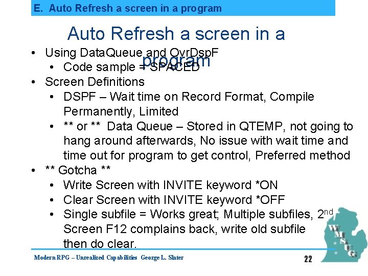 E. Auto Refresh a screen in a program • Auto Refresh a screen in