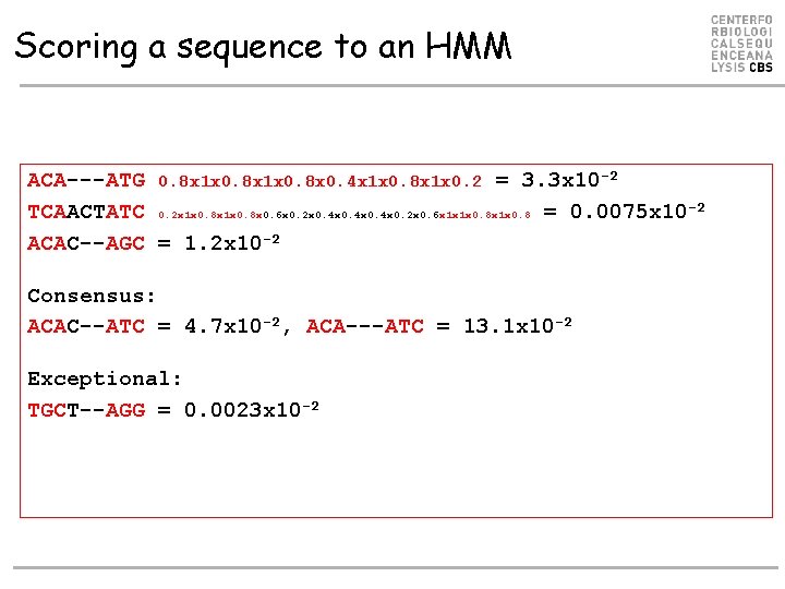 Scoring a sequence to an HMM ACA---ATG 0. 8 x 1 x 0. 8