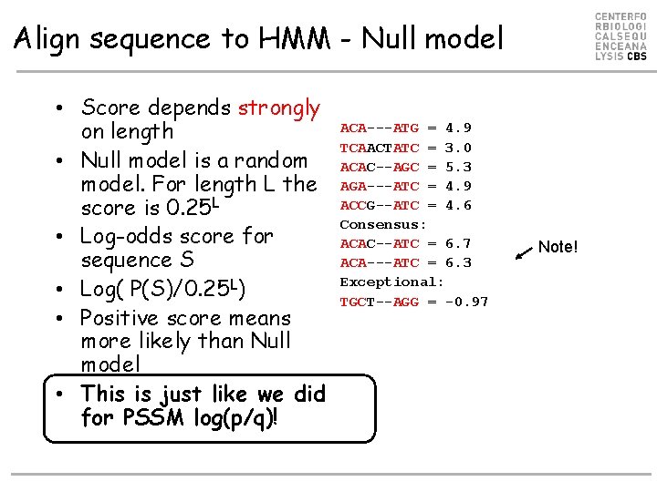 Align sequence to HMM - Null model • Score depends strongly on length •