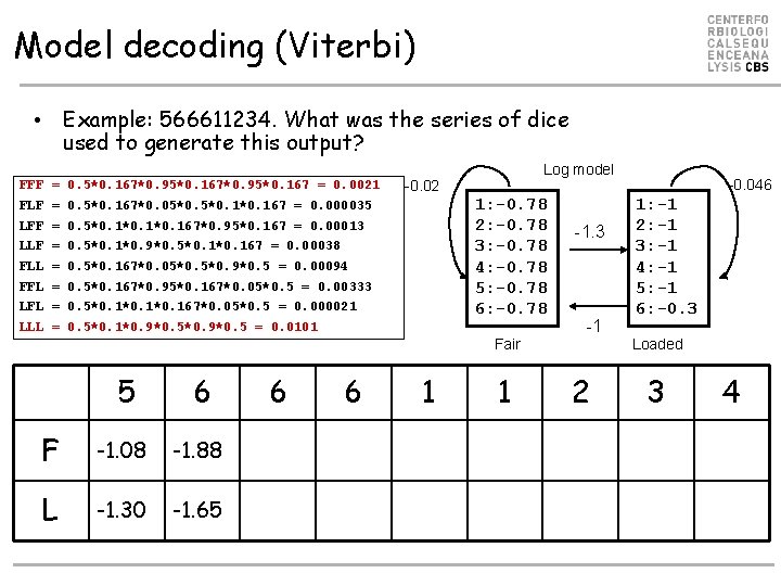 Model decoding (Viterbi) • Example: 566611234. What was the series of dice used to