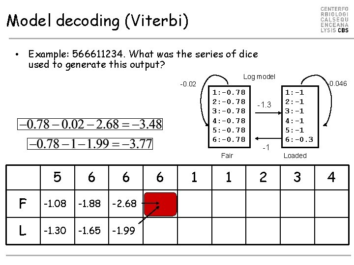 Model decoding (Viterbi) • Example: 566611234. What was the series of dice used to