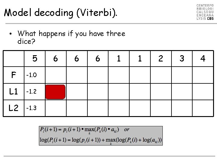 Model decoding (Viterbi). • What happens if you have three dice? 5 F -1.