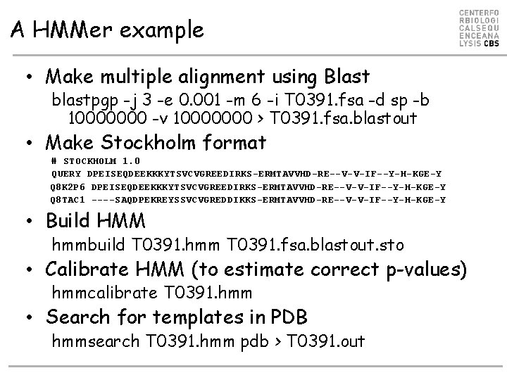 A HMMer example • Make multiple alignment using Blast blastpgp -j 3 -e 0.