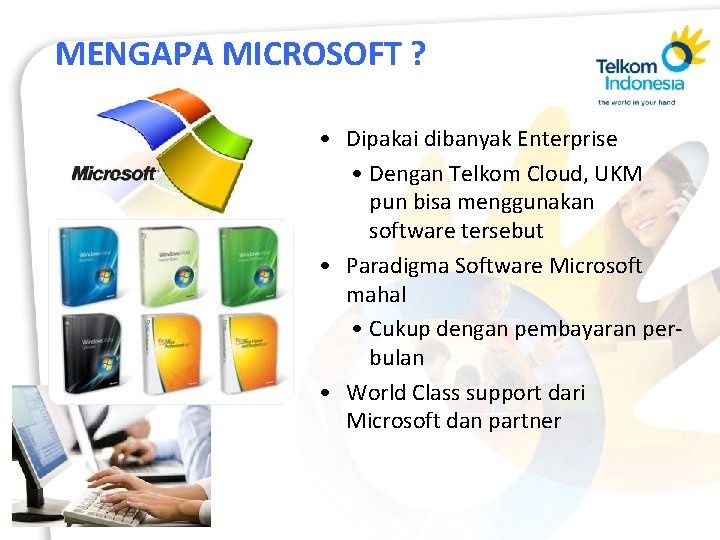 MENGAPA MICROSOFT ? • Dipakai dibanyak Enterprise • Dengan Telkom Cloud, UKM pun bisa