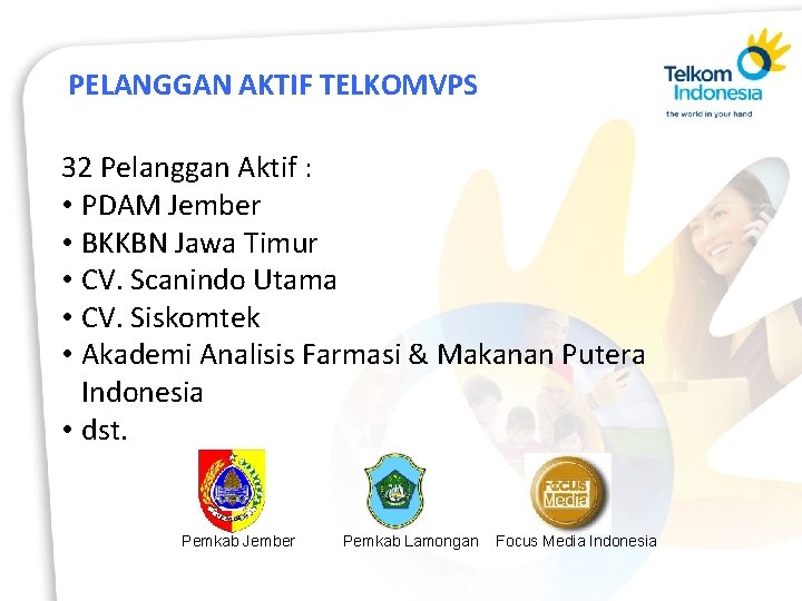 PELANGGAN AKTIF TELKOMVPS 32 Pelanggan Aktif : • PDAM Jember • BKKBN Jawa Timur