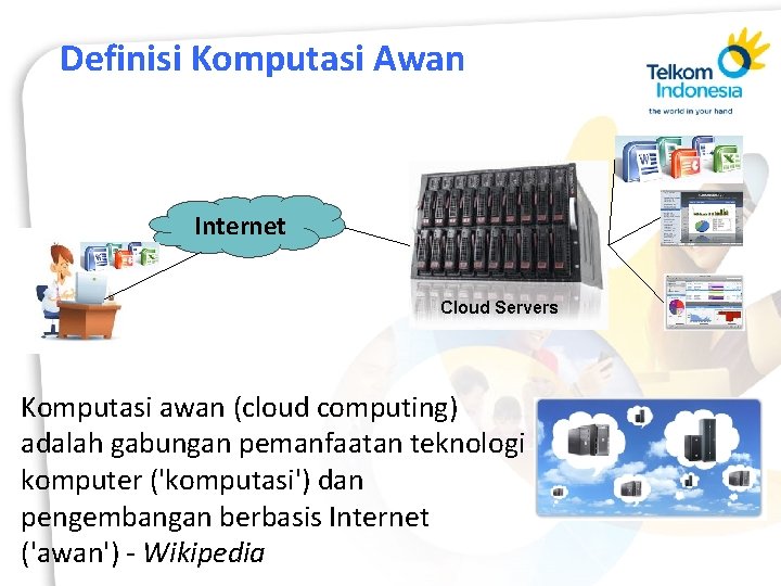 Definisi Komputasi Awan Internet Cloud Servers Komputasi awan (cloud computing) adalah gabungan pemanfaatan teknologi