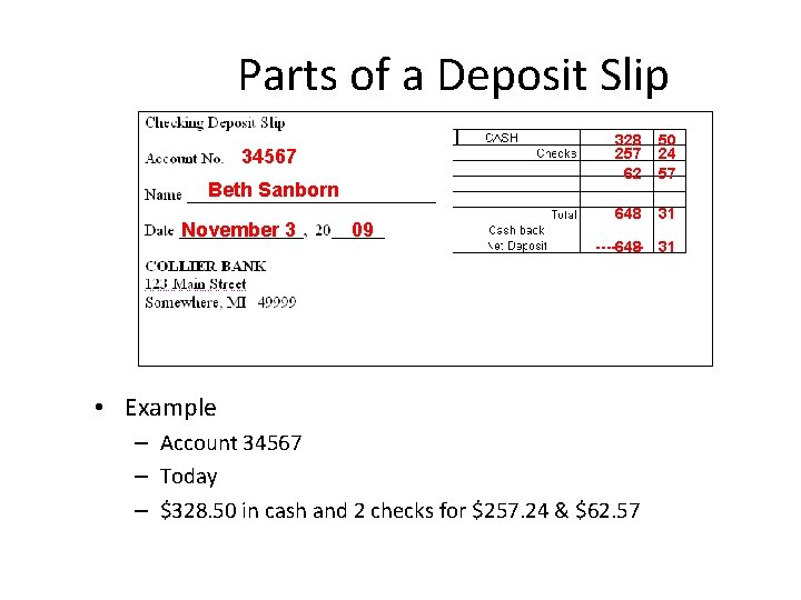 Parts of a Deposit Slip 34567 Beth Sanborn November 3 09 328 257 62
