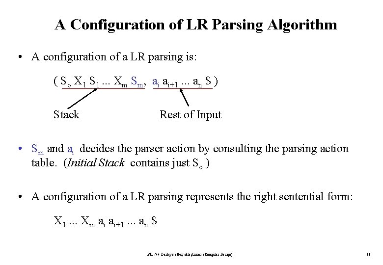 A Configuration of LR Parsing Algorithm • A configuration of a LR parsing is: