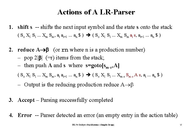 Actions of A LR-Parser 1. shift s -- shifts the next input symbol and