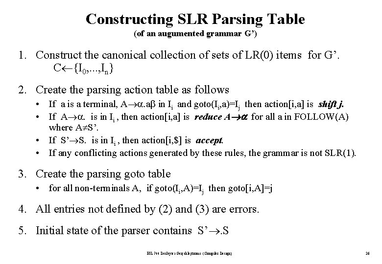 Constructing SLR Parsing Table (of an augumented grammar G’) 1. Construct the canonical collection