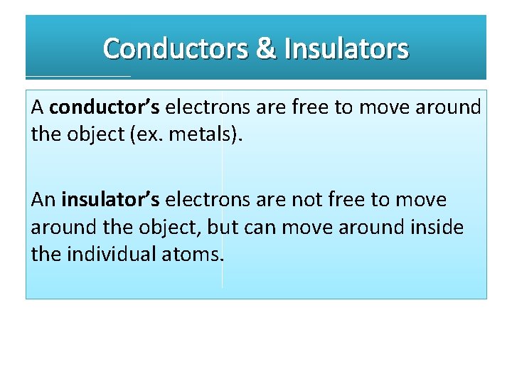 Conductors & Insulators A conductor’s electrons are free to move around the object (ex.