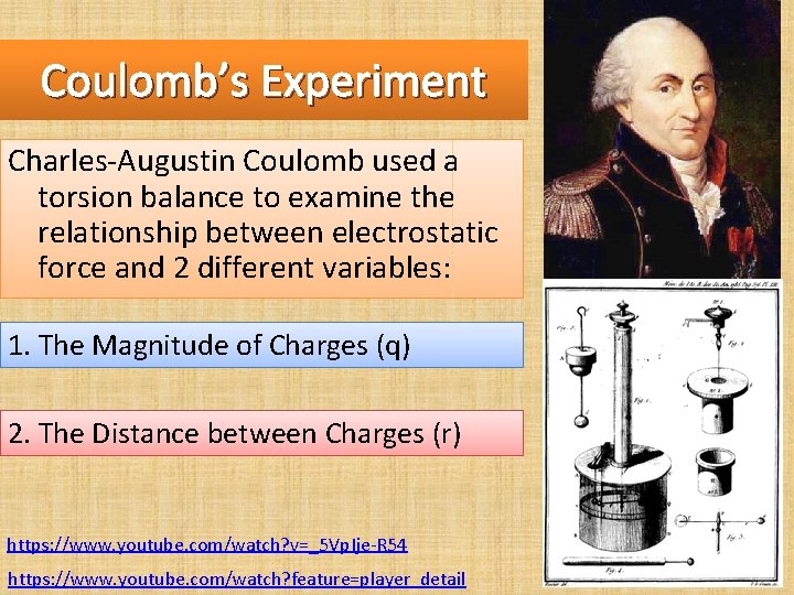 Coulomb’s Experiment Charles-Augustin Coulomb used a torsion balance to examine the relationship between electrostatic