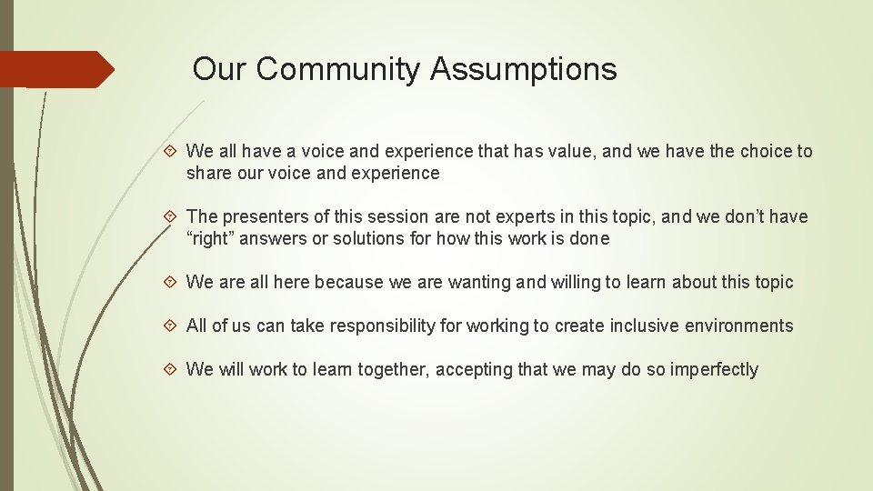 Our Community Assumptions We all have a voice and experience that has value, and