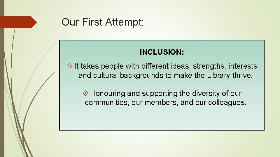 Our First Attempt: INCLUSION: It takes people with different ideas, strengths, interests and cultural