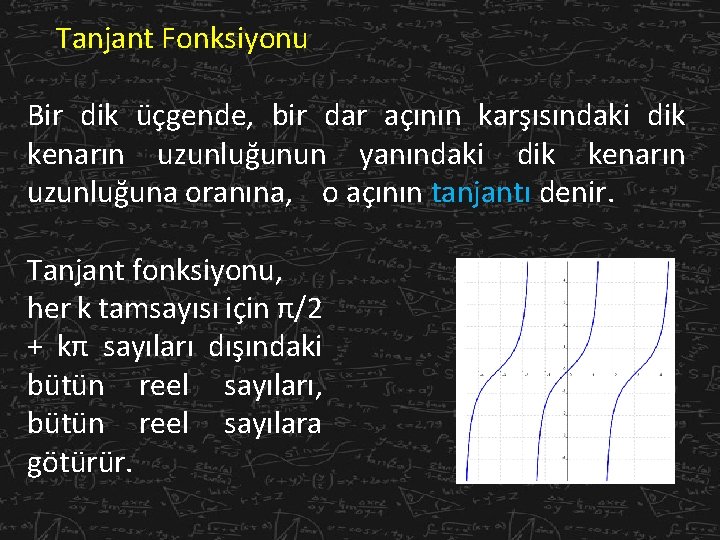 Tanjant Fonksiyonu Bir dik üçgende, bir dar açının karşısındaki dik kenarın uzunluğunun yanındaki dik