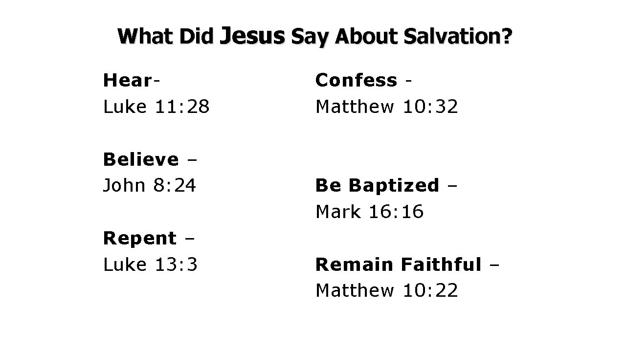 What Did Jesus Say About Salvation? Hear. Luke 11: 28 Believe – John 8: