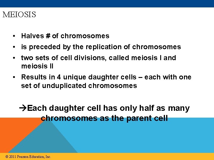 MEIOSIS • Halves # of chromosomes • is preceded by the replication of chromosomes