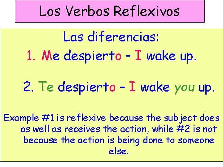 Los Verbos Reflexivos Las diferencias: 1. Me despierto – I wake up. 2. Te