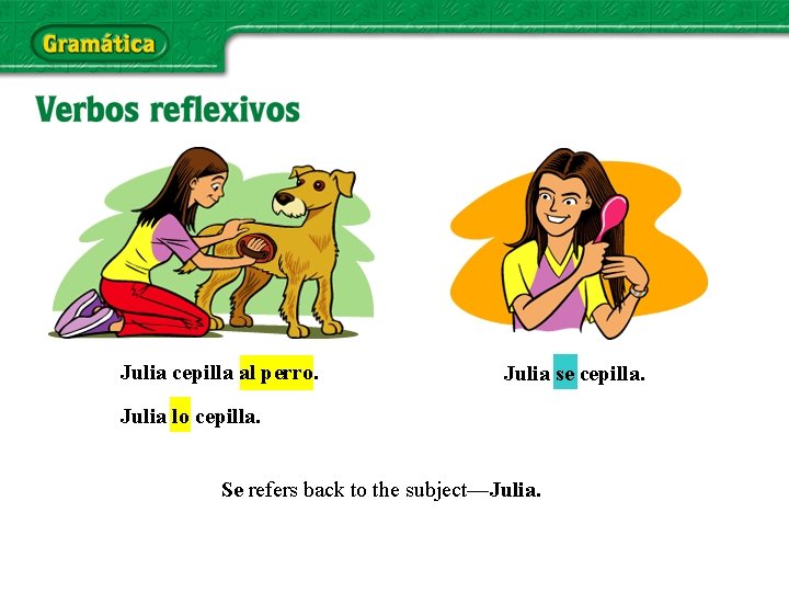 Julia cepilla al perro. Julia se cepilla. Julia lo cepilla. Se refers back to