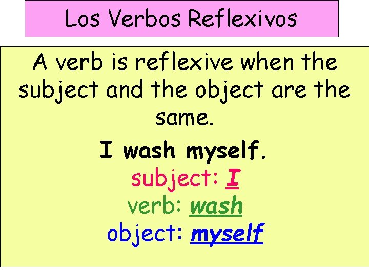 Los Verbos Reflexivos A verb is reflexive when the subject and the object are