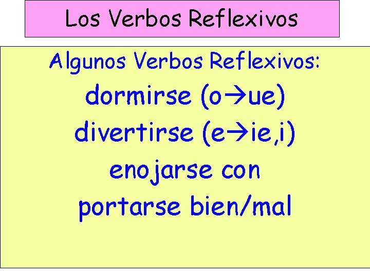 Los Verbos Reflexivos Algunos Verbos Reflexivos: dormirse (o ue) divertirse (e ie, i) enojarse