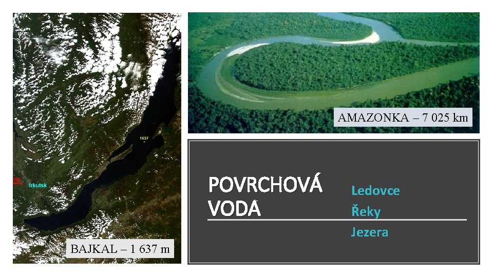 AMAZONKA – 7 025 km POVRCHOVÁ VODA BAJKAL – 1 637 m Ledovce Řeky