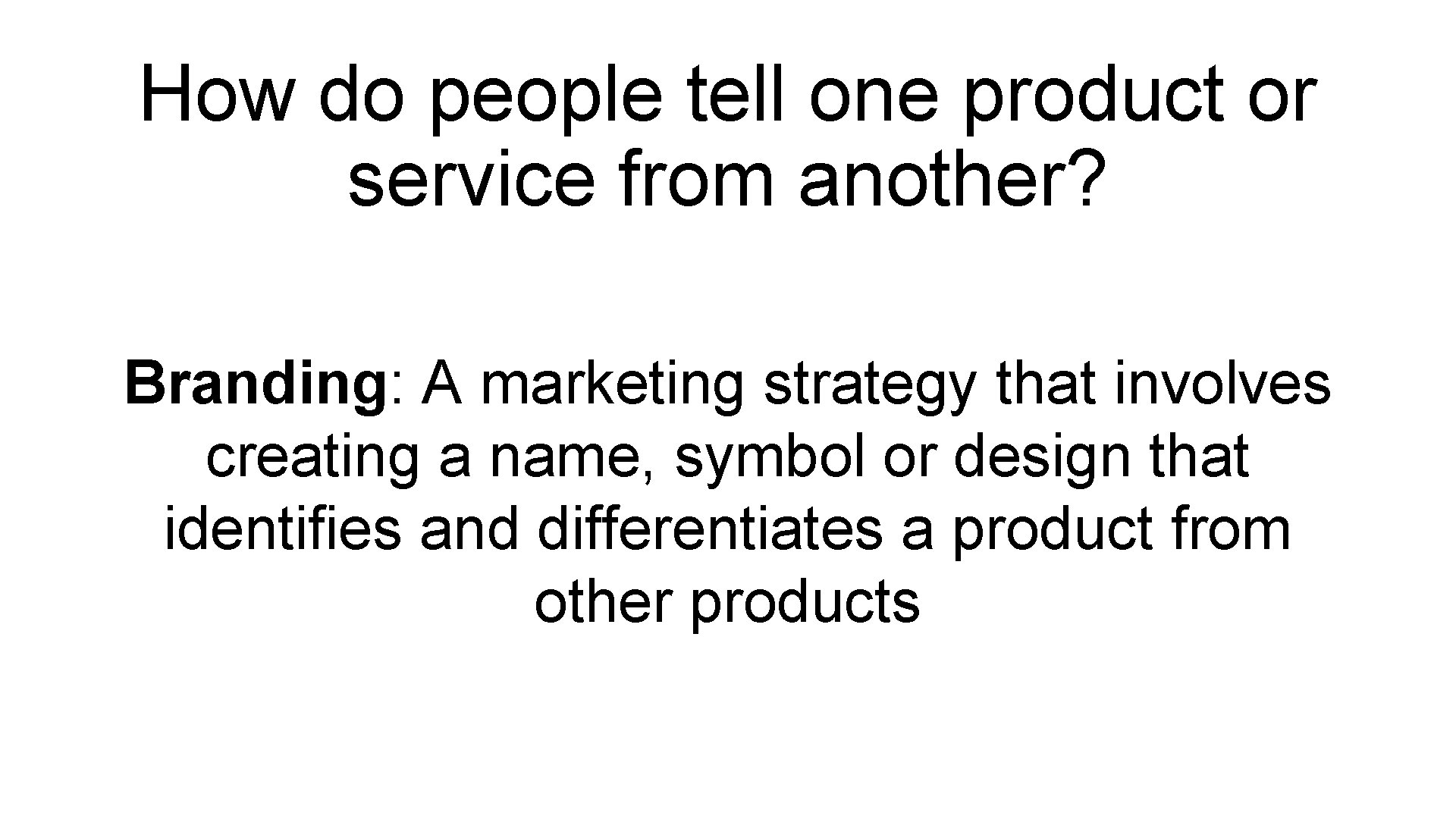 How do people tell one product or service from another? Branding: A marketing strategy