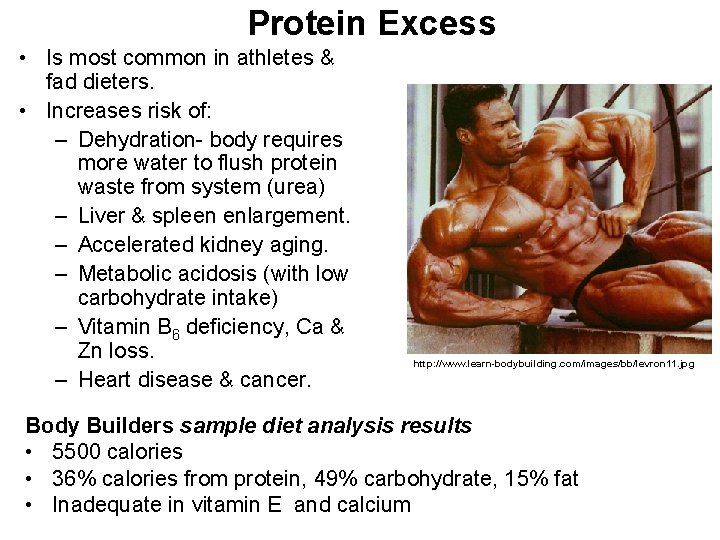 Protein Excess • Is most common in athletes & fad dieters. • Increases risk