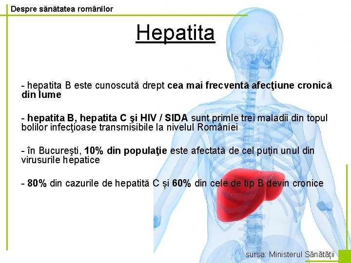 Despre sănătatea românilor Hepatita - hepatita B este cunoscută drept cea mai frecventă afecţiune