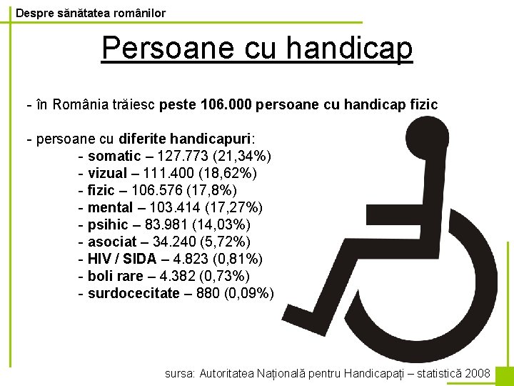 Despre sănătatea românilor Persoane cu handicap - în România trăiesc peste 106. 000 persoane