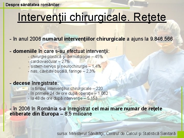 Despre sănătatea românilor Intervenţii chirurgicale. Reţete - în anul 2006 numărul intervenţiilor chirurgicale a