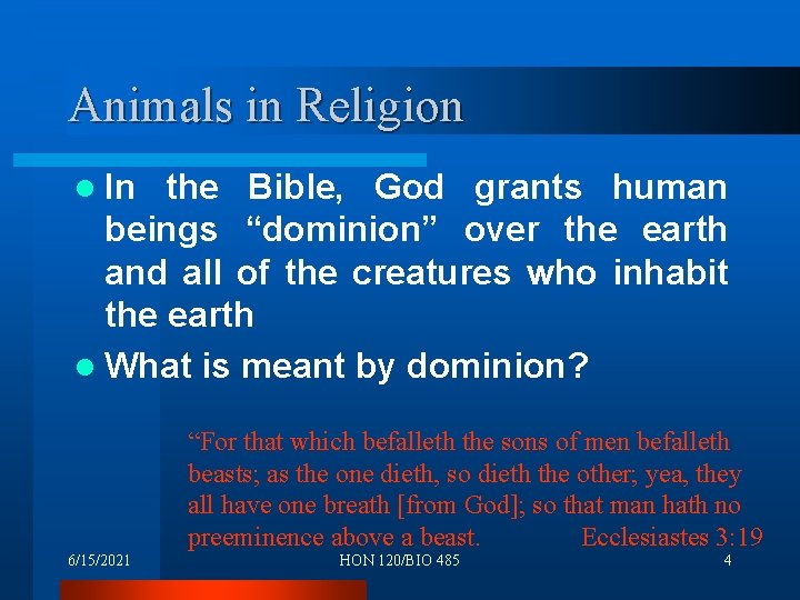 Animals in Religion l In the Bible, God grants human beings “dominion” over the