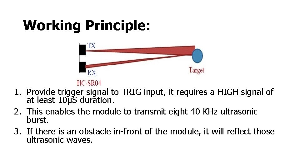 Working Principle: 1. Provide trigger signal to TRIG input, it requires a HIGH signal