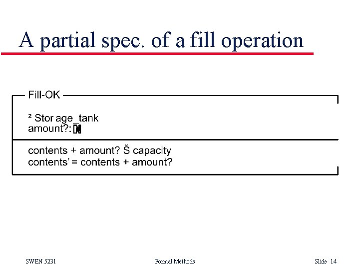 A partial spec. of a fill operation SWEN 5231 Formal Methods Slide 14 
